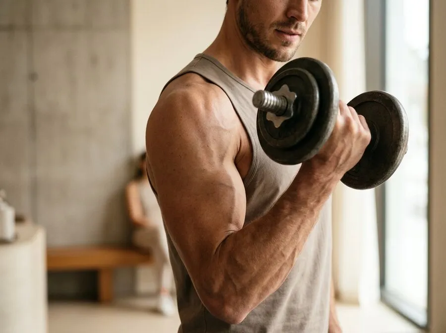 A defined shoulder and upper arm mid-lift with a dumbbell