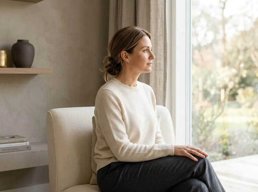 A woman seated by a bright window in morning light, calm and focused