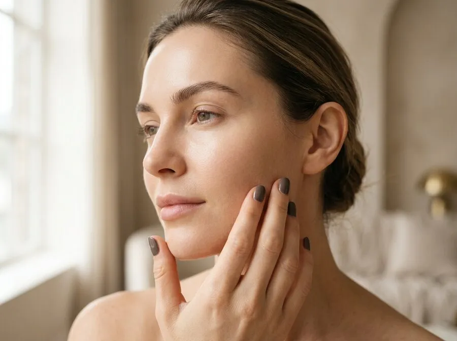 Firm, smooth skin along a woman’s cheek and jawline, her fingertips resting against it
