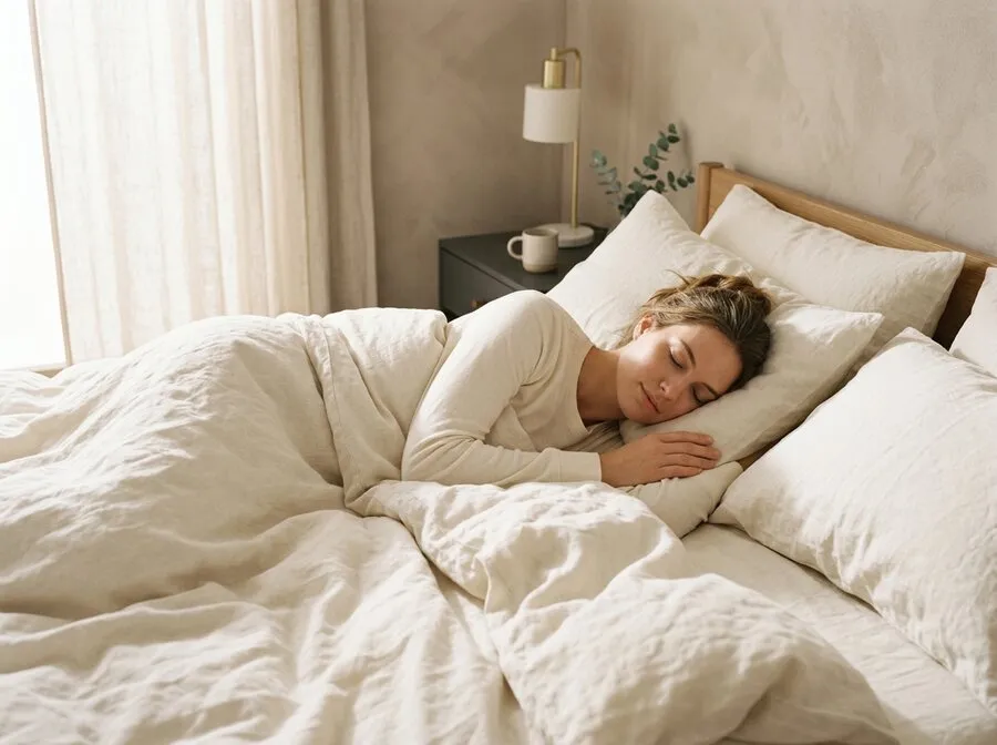 A person asleep in cream linen bedding in soft early-morning light