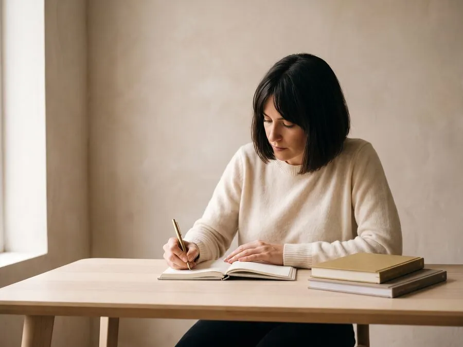 A woman writing in a notebook at a bare oak desk beside a stack of books, window light falling from the left