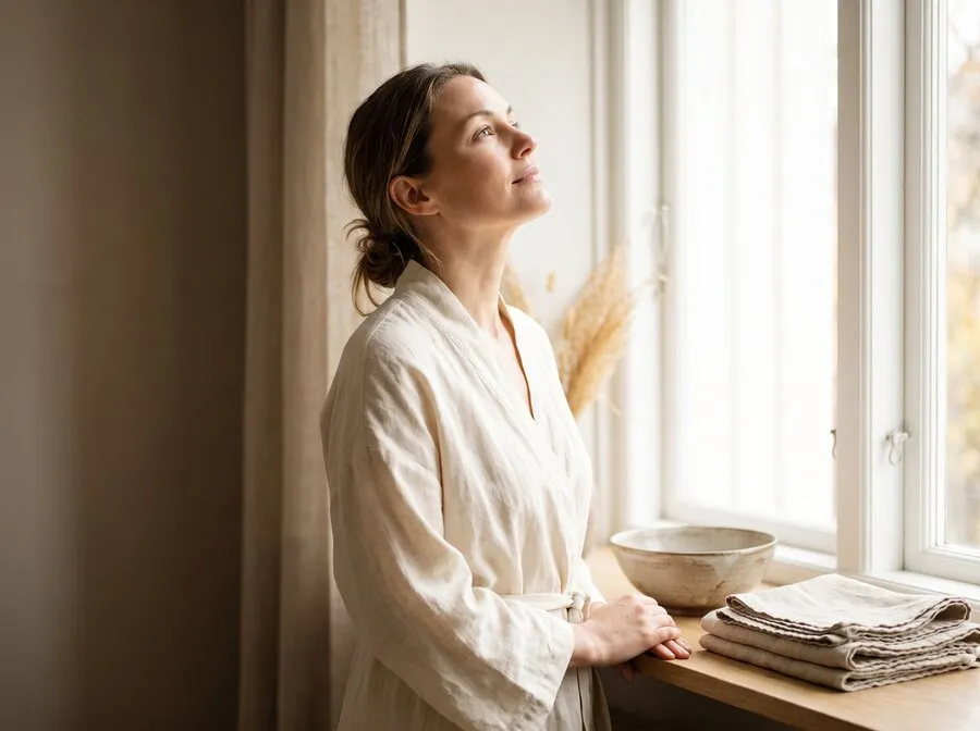 A woman in a cream linen robe standing at a bright window, her face lifted slightly to the light