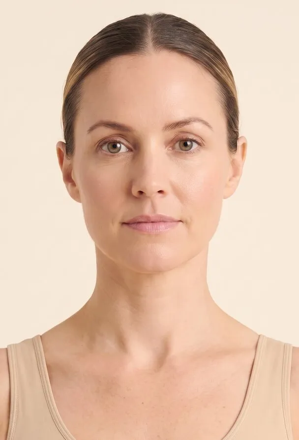 Face & neck. Front-facing photograph of a woman’s head and neck, used as a reference plate for the facial areas the treatment reaches. Marked areas: 1 jawline tightening, 2 neck skin tightening, 3 jowl treatment, 4 under the chin, 5 under-eye area.