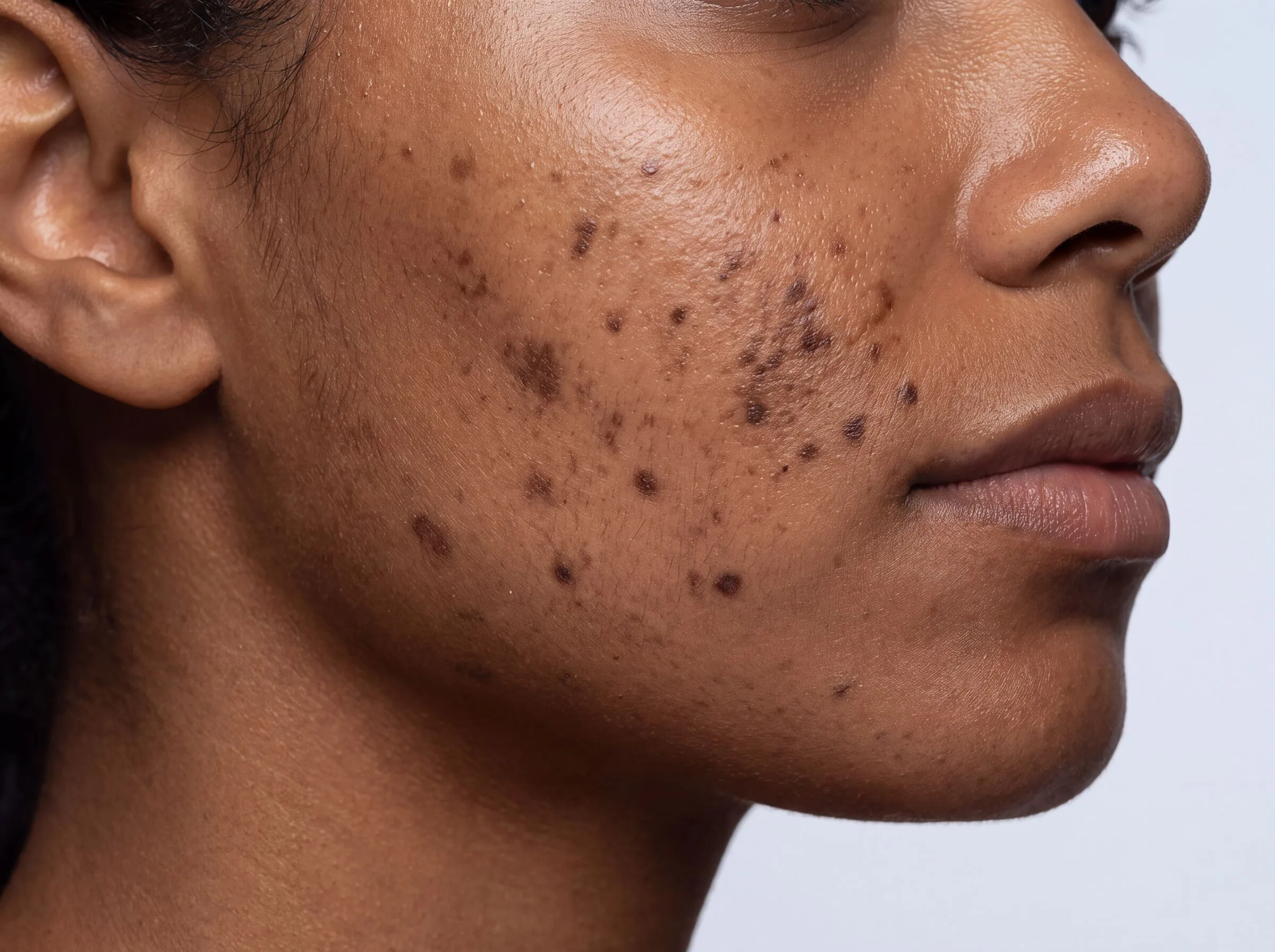 Macro view of the cheek and jawline of a woman with post-inflammatory hyperpigmentation, the flat brown marks acne leaves behind once the blemish itself has healed