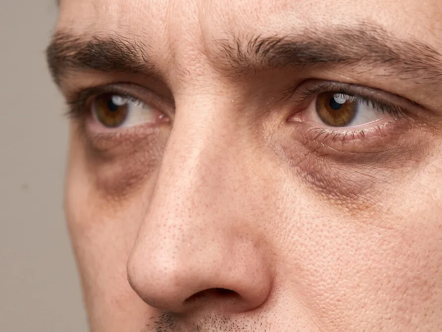 Brown-violet half-moon shadowing beneath both of a man’s eyes, deepest at the inner tear troughs