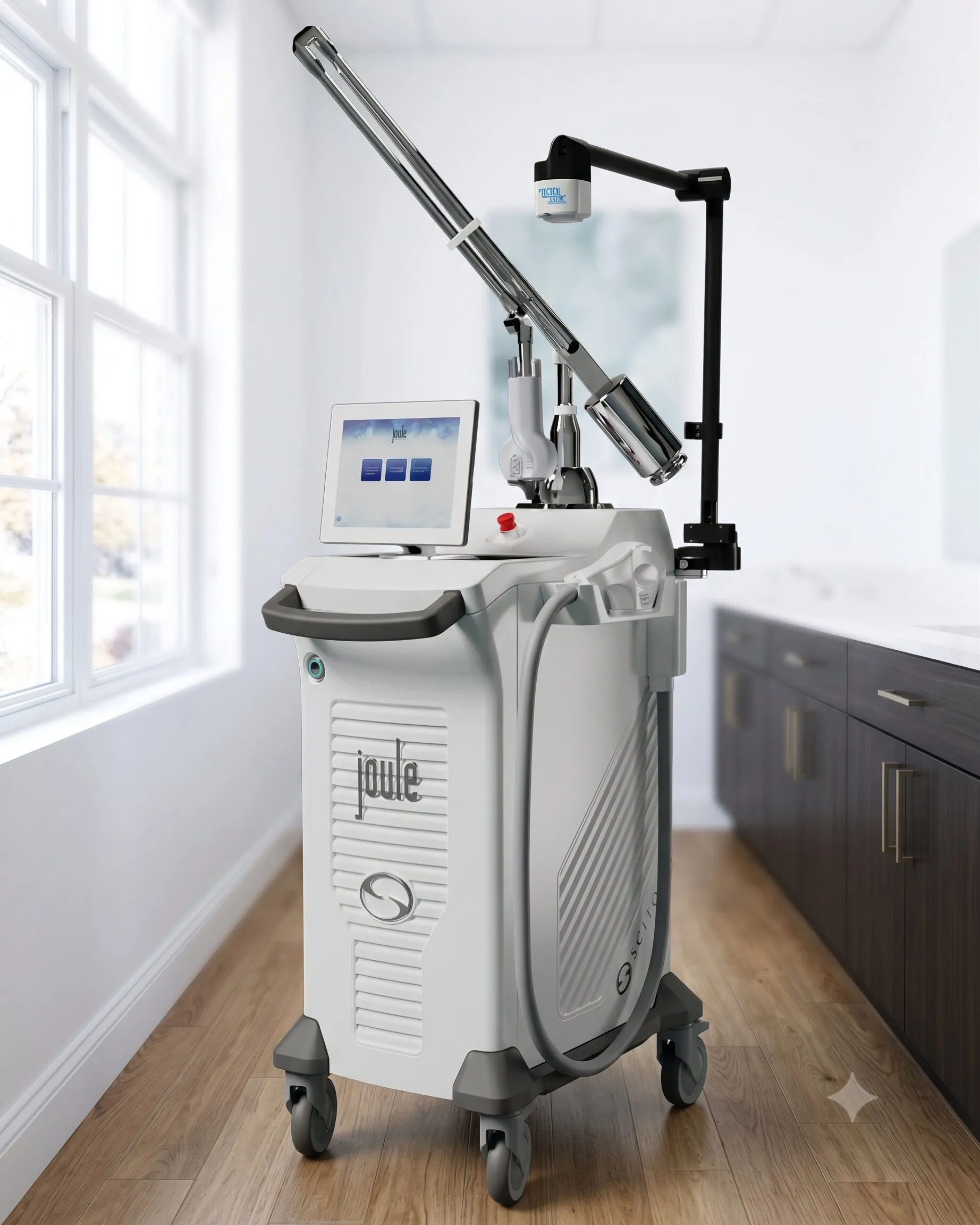 The practice's Sciton JOULE laser platform, which carries the HALO TRIBRID resurfacing module, standing in a Medrein treatment room