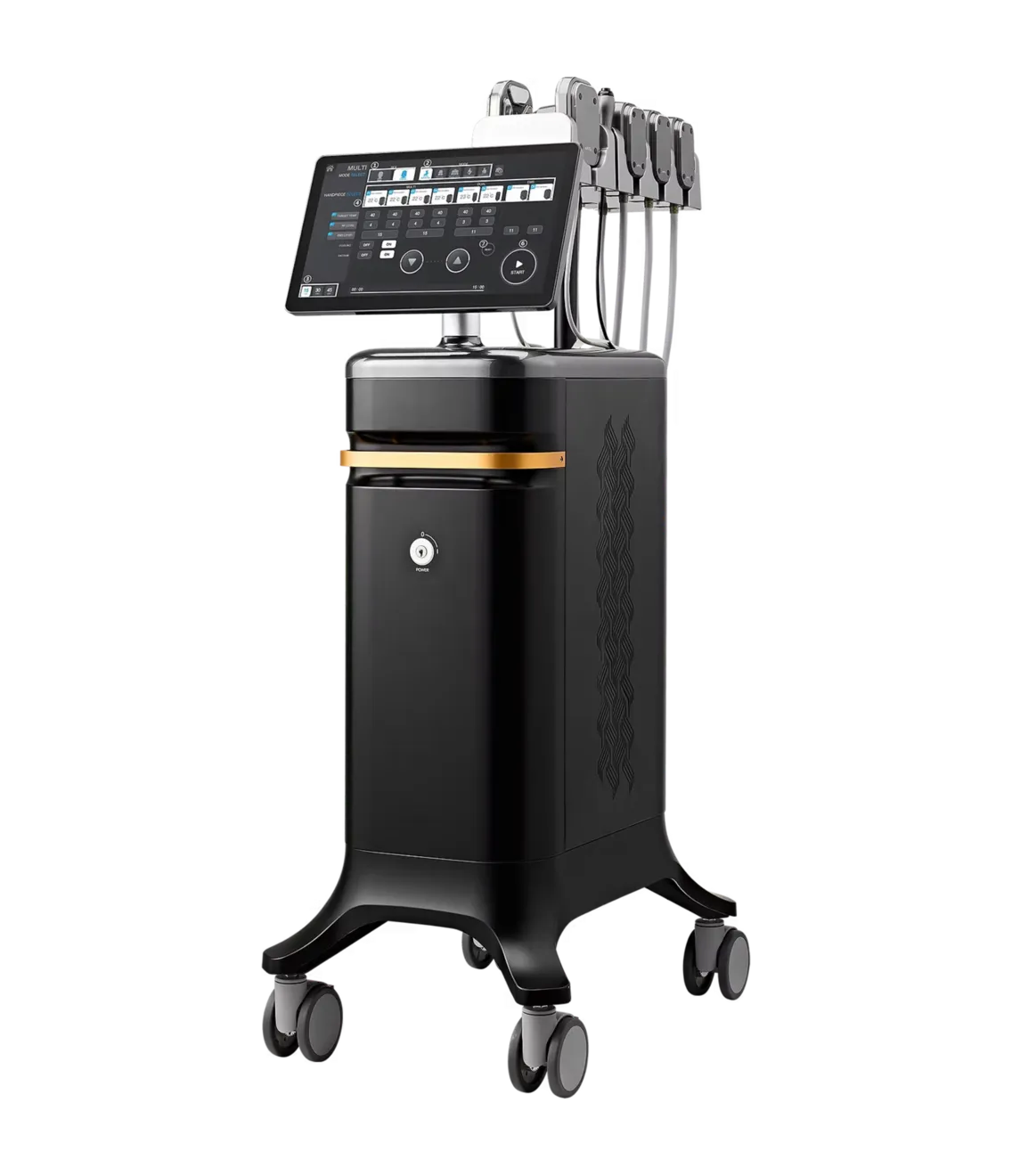 The MNML Tone body contouring console on castors, with its touchscreen raised and four radiofrequency and EMS applicators racked along the side