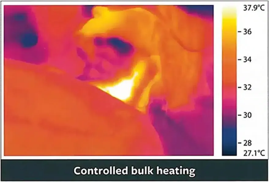 Thermal camera image from Medrein's treatment page, captioned 'Controlled bulk heating', showing warmth held steadily through the deeper layers of the skin during a Fotona 4D pass