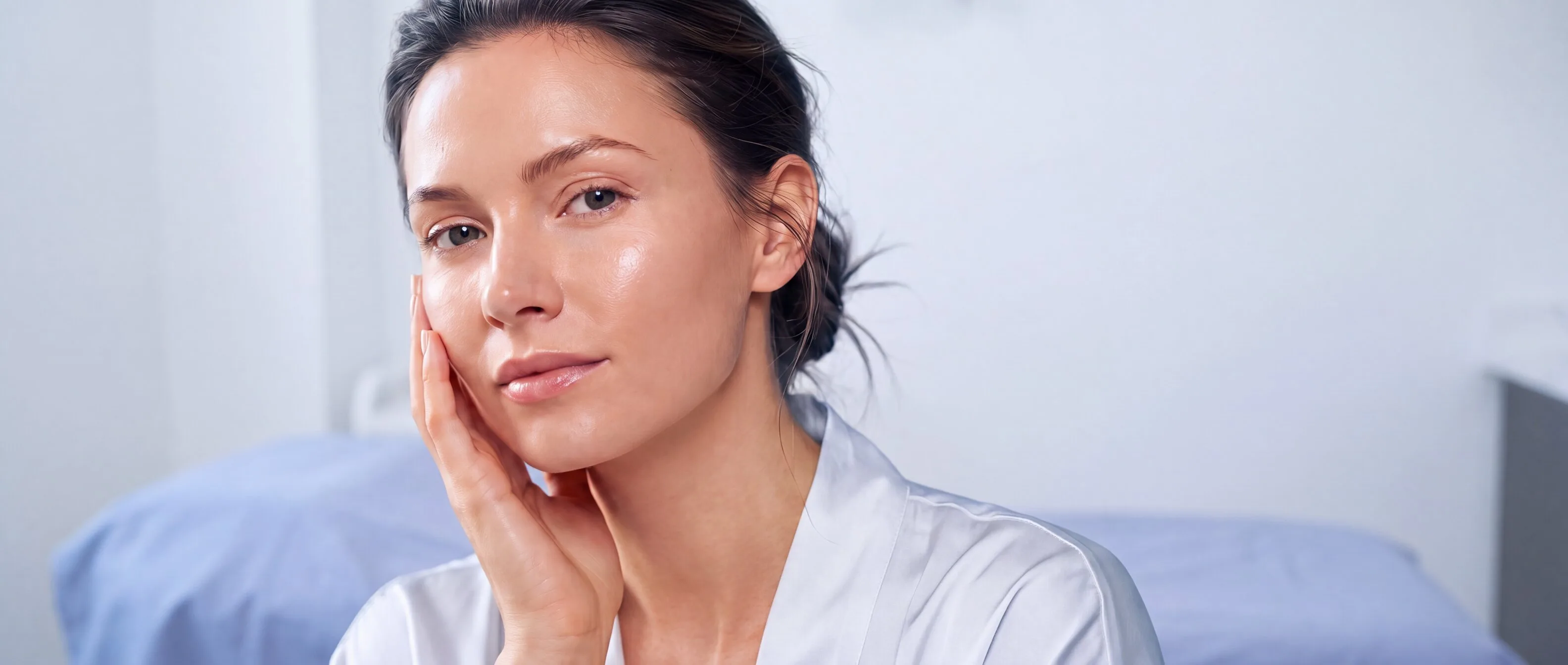 Close-up of a woman resting her fingertips lightly against her cheek, her clear, even-toned skin catching cool daylight in a treatment room with a pale blue couch drape against a soft white wall