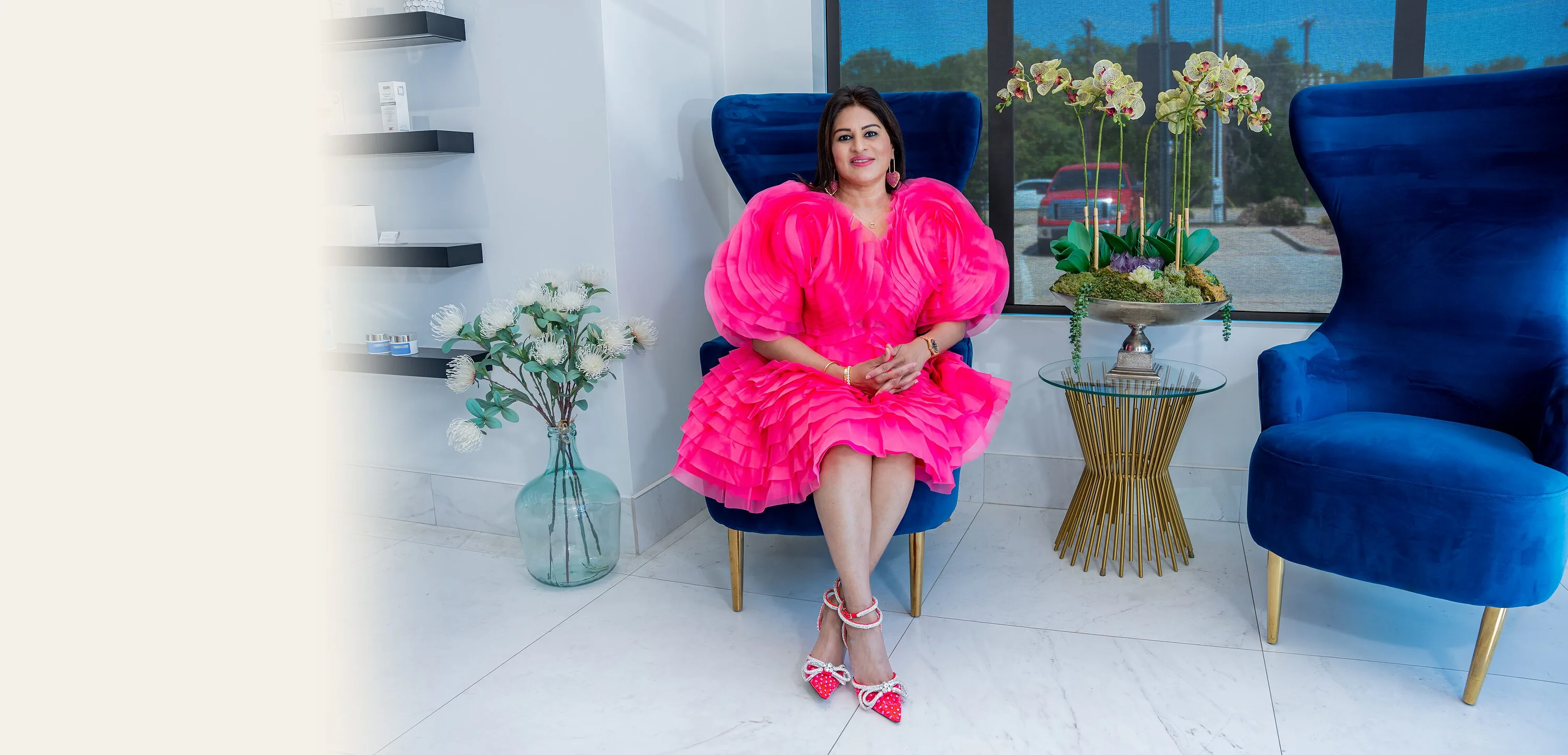 Dr. Haritha Mikkilineni, MD, in the patient lounge at Medrein Health & Aesthetics in Southlake, TX