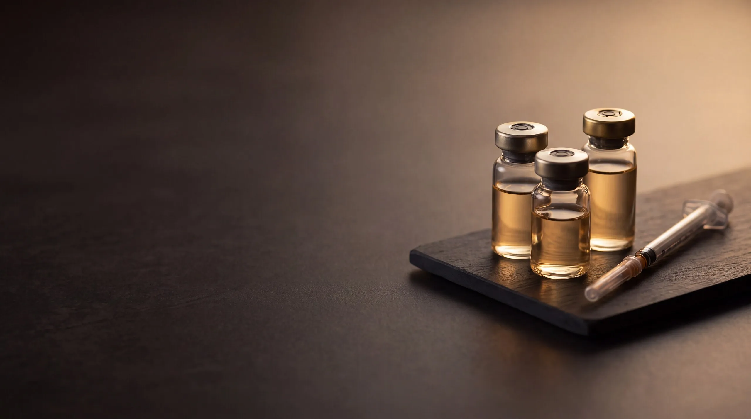 Sealed glass vials on a dark slate clinic tray beside a fine-gauge syringe, prepared for a physician-administered infusion or injection