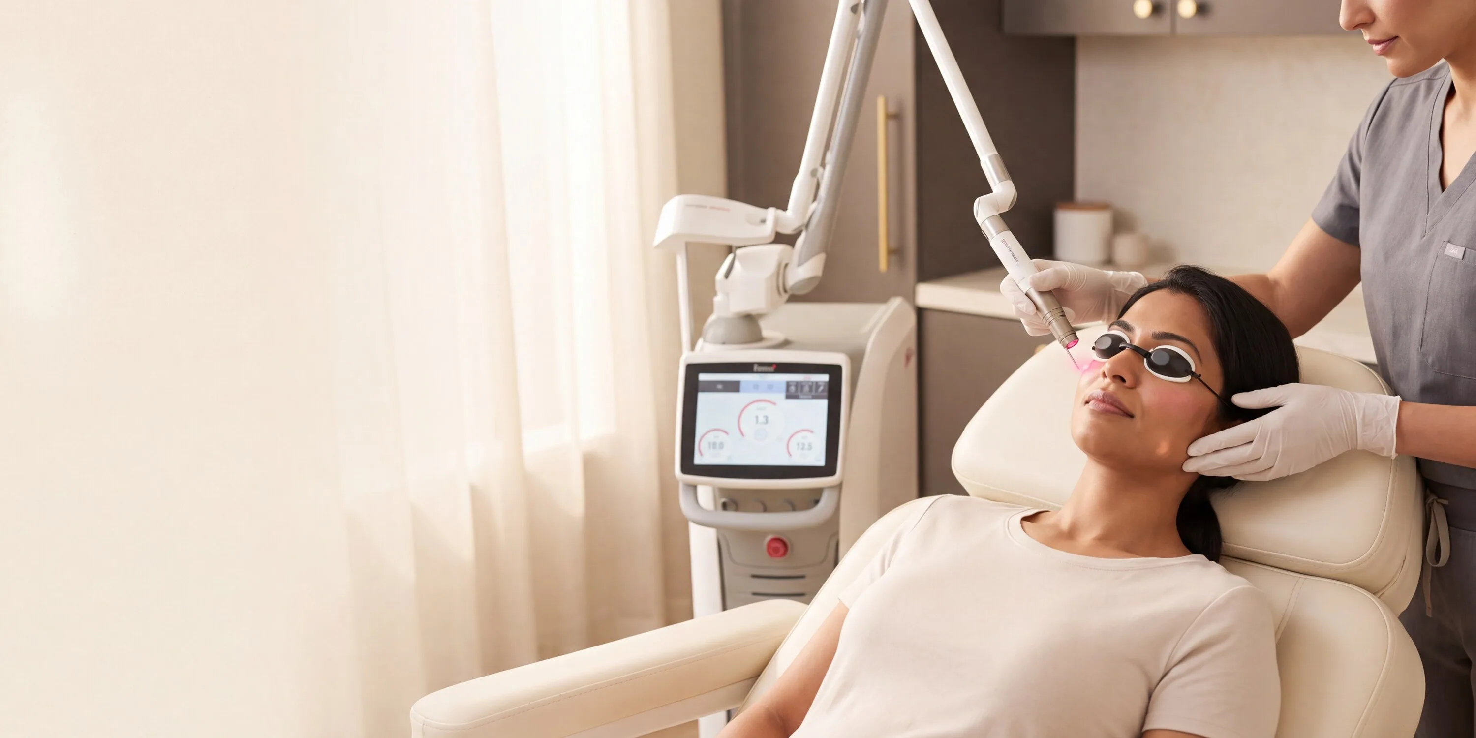 A patient in protective eye shields reclined in a treatment chair while a clinician passes a Fotona StarWalker MaQX Pro picosecond handpiece over her cheek, the laser console and its articulated arm behind them