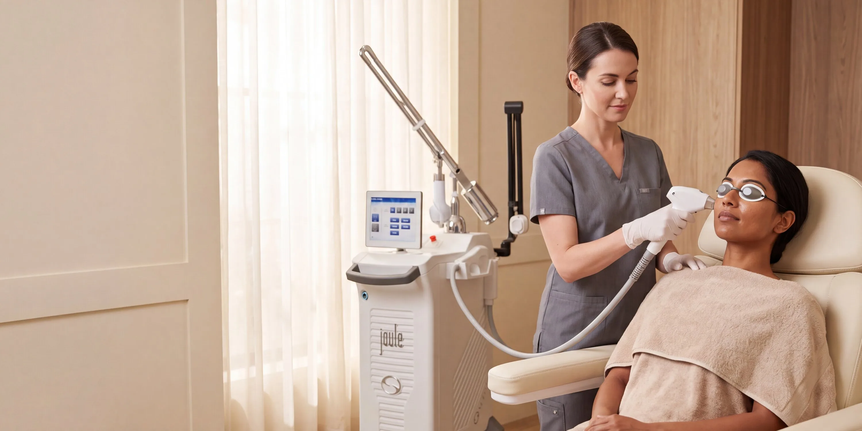 A patient in protective eye shields reclined in a treatment chair while a clinician passes a laser handpiece along her cheek, the Sciton JOULE platform standing behind them with its handpiece cable running to her hand