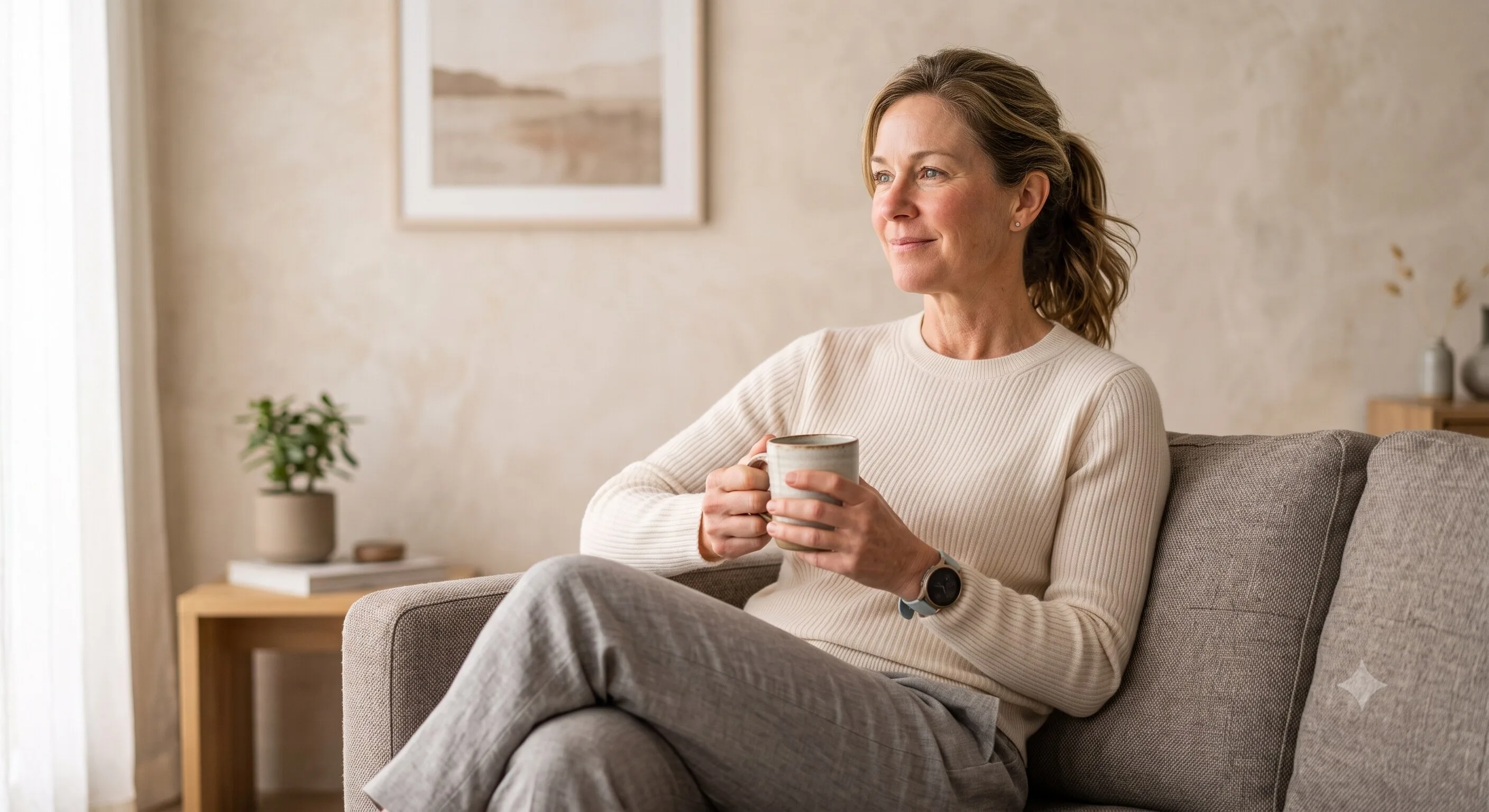 A woman relaxing comfortably at home with a warm drink