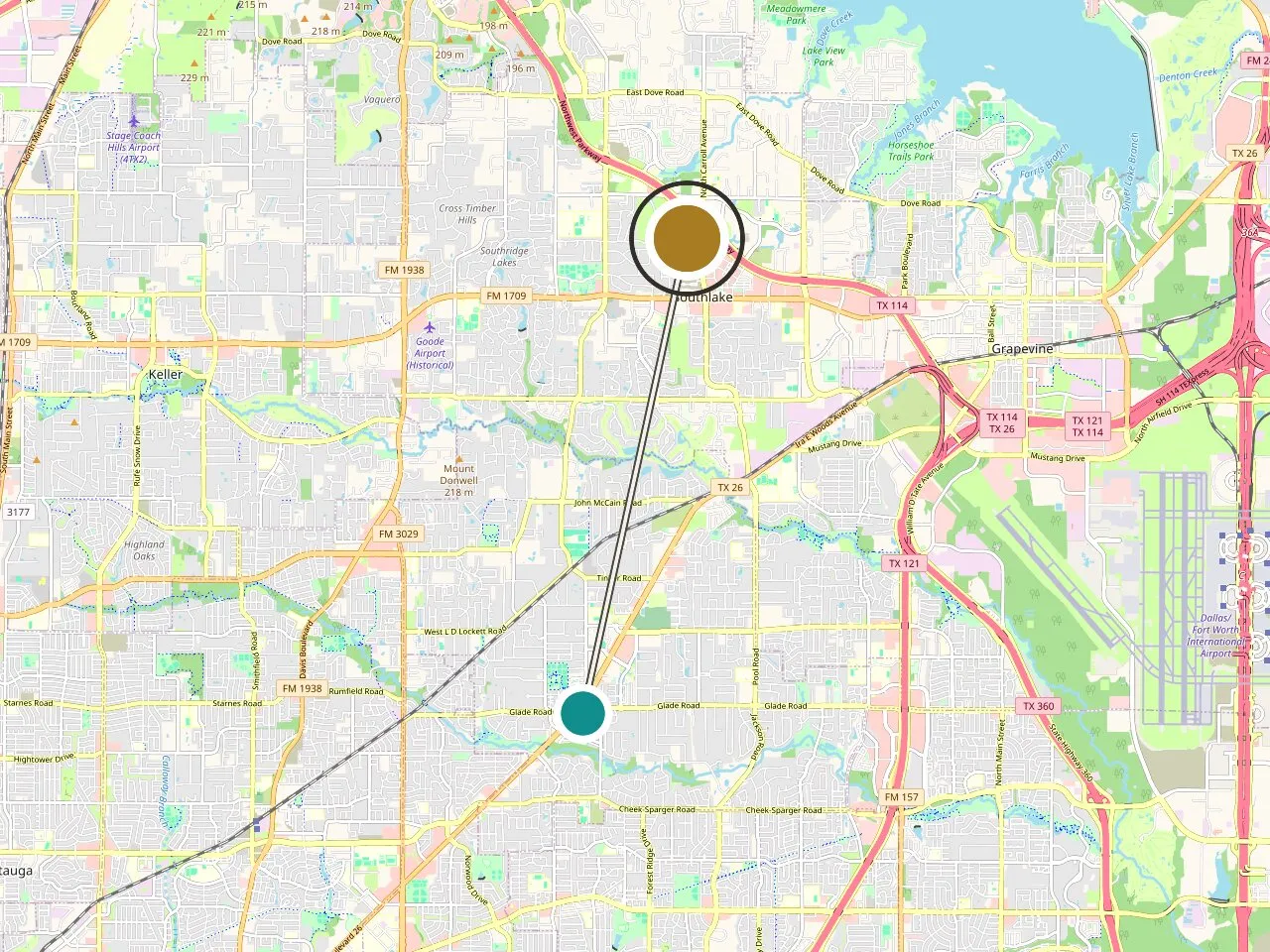 Service-area map: Colleyville, TX and the Medrein Health clinic in Southlake. Map data (c) OpenStreetMap contributors