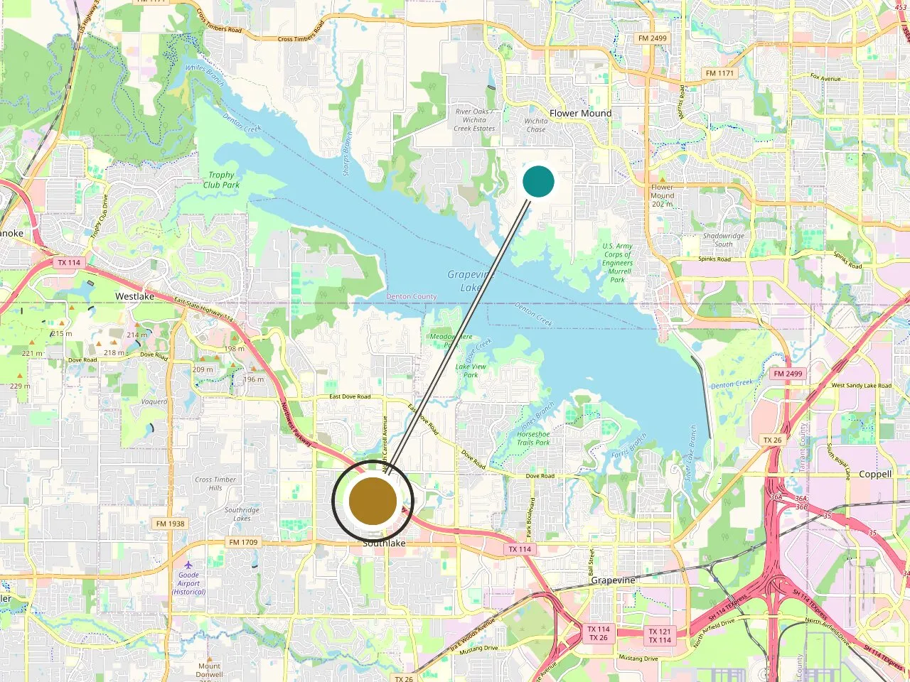 Service-area map: Flower Mound, TX and the Medrein Health clinic in Southlake. Map data (c) OpenStreetMap contributors