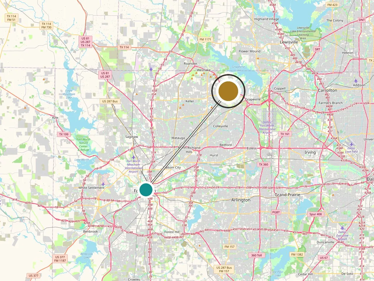 Service-area map: Fort Worth, TX and the Medrein Health clinic in Southlake. Map data (c) OpenStreetMap contributors