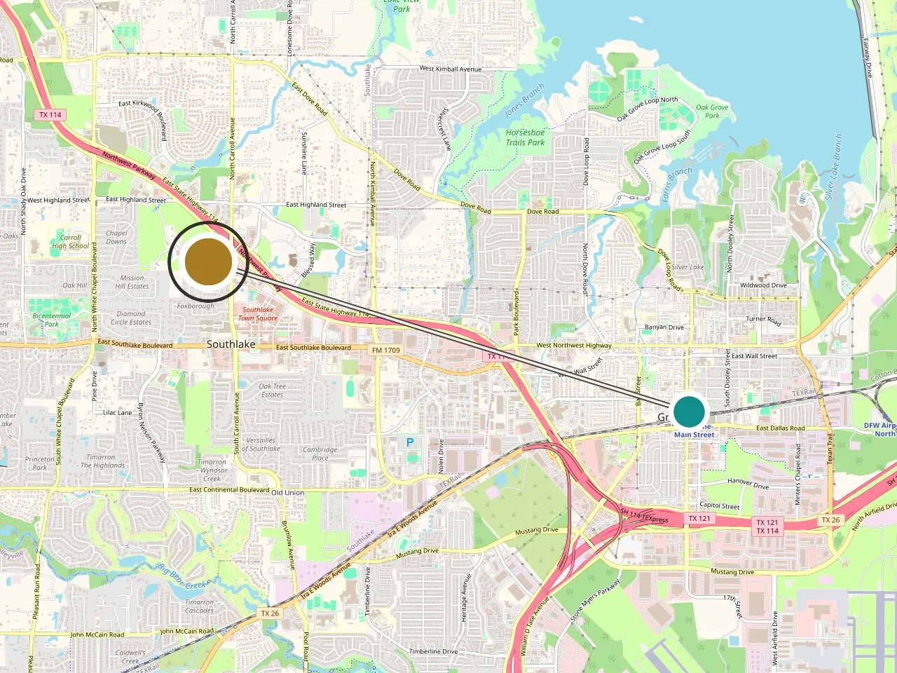 Service-area map: Grapevine, TX and the Medrein Health clinic in Southlake. Map data (c) OpenStreetMap contributors