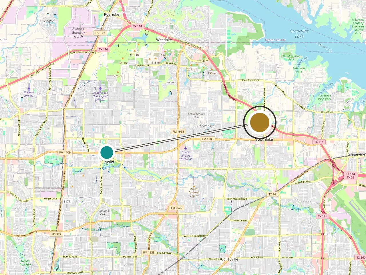 Service-area map: Keller, TX and the Medrein Health clinic in Southlake. Map data (c) OpenStreetMap contributors