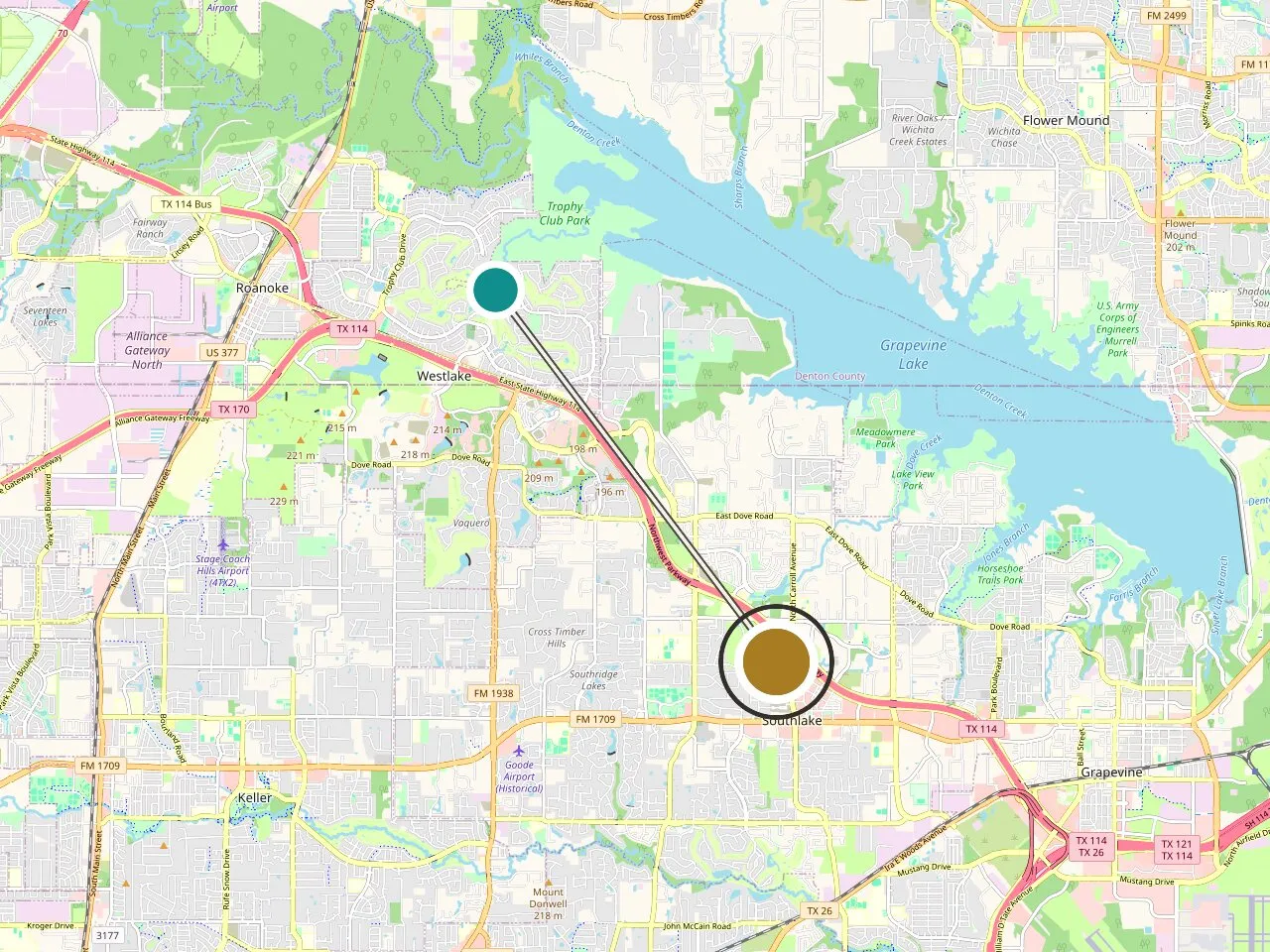 Service-area map: Trophy Club, TX and the Medrein Health clinic in Southlake, with the drive between them marked. Map data (c) OpenStreetMap contributors