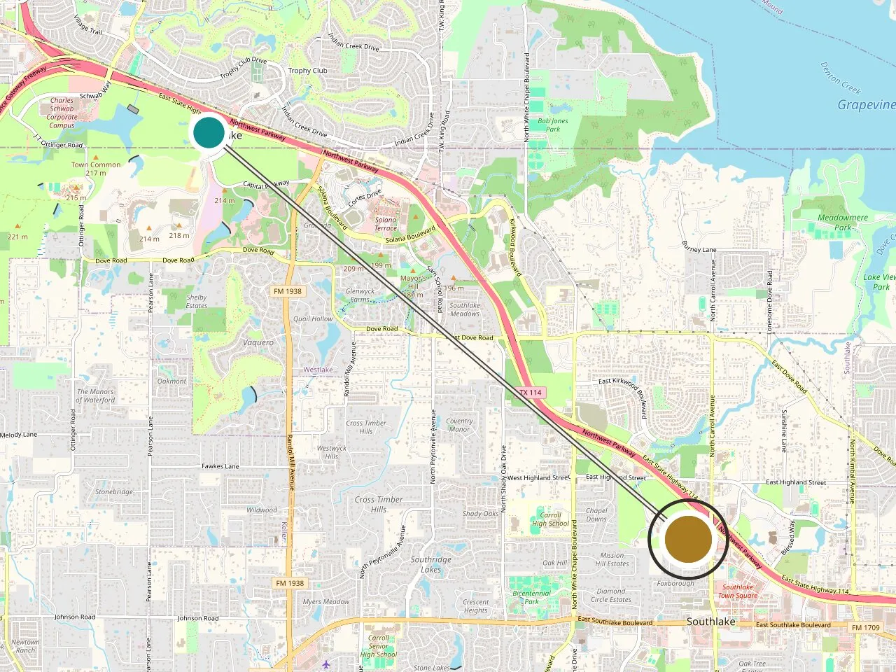 Service-area map: Westlake, TX and the Medrein Health clinic in Southlake, with the drive between them marked. Map data (c) OpenStreetMap contributors