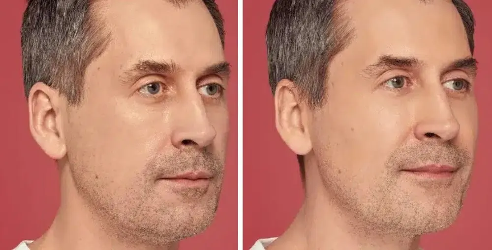 Restylane before and after: the same person before treatment on the left and after treatment on the right, case 5. Results may vary.