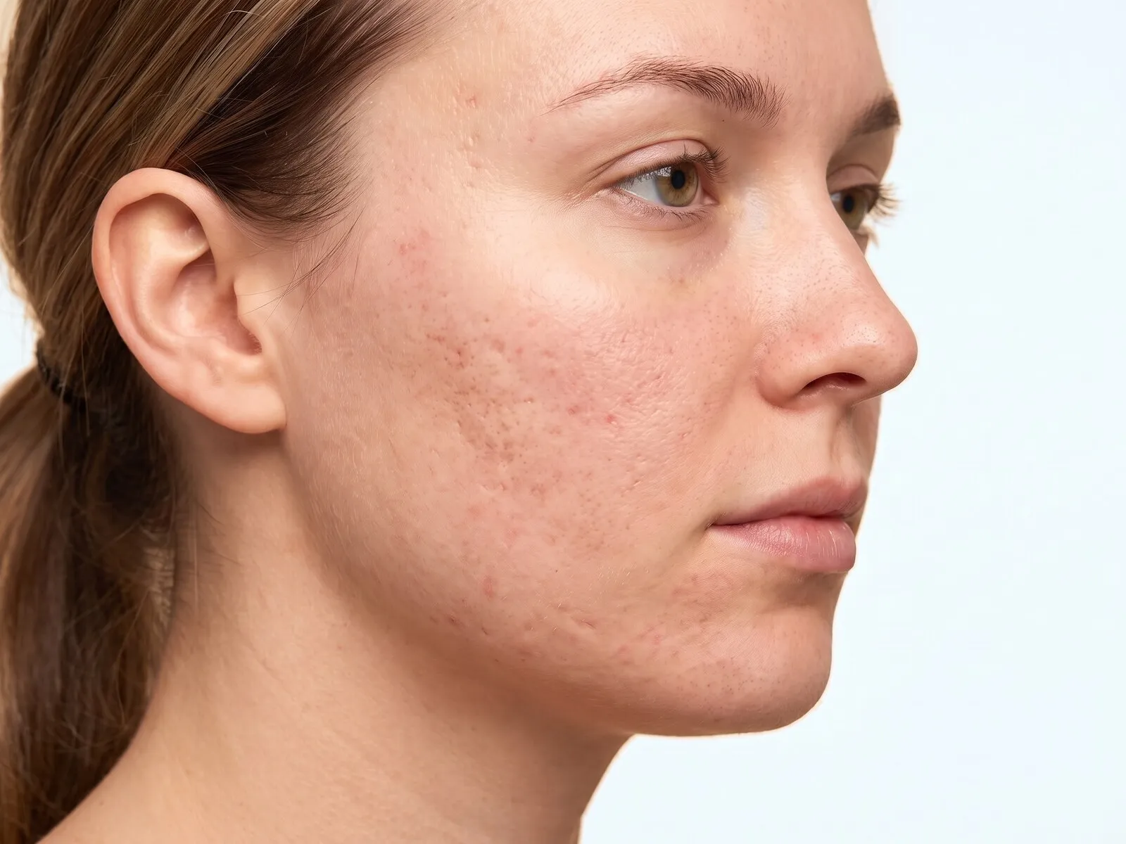 Rolling and boxcar acne scarring textured across a woman’s cheek and jaw, the concern laser scar revision remodels