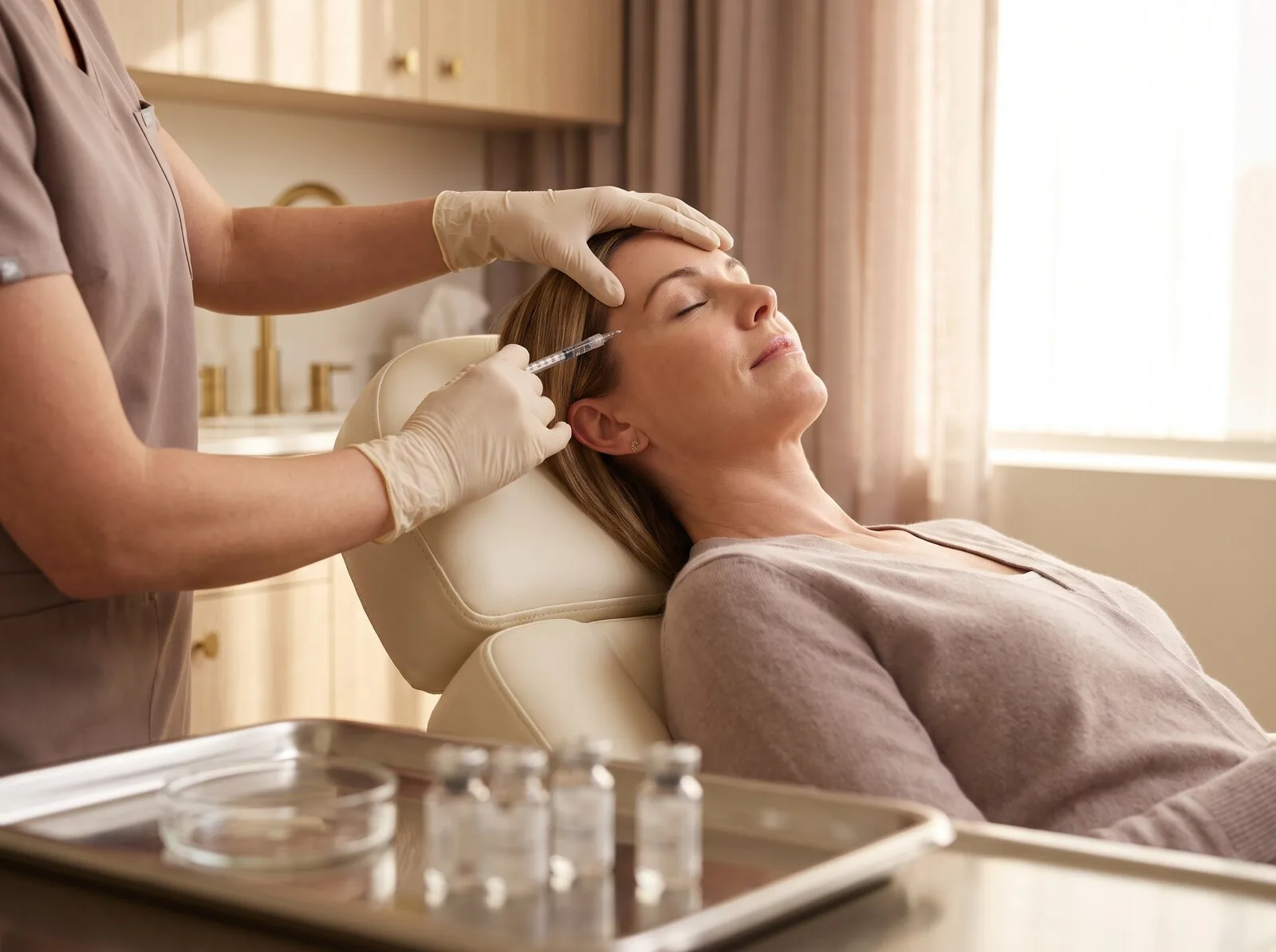 Board-certified physician administering a collagen biostimulator injection at the temple during a Sculptra treatment at Medrein Health in Southlake, TX
