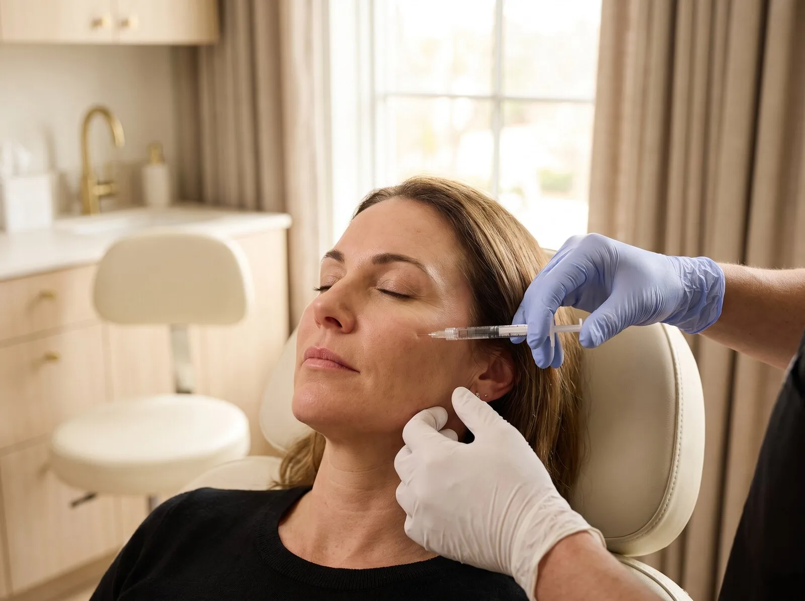 Board-certified physician placing hyaluronic acid dermal filler along a patient's cheek at Medrein Health in Southlake, TX