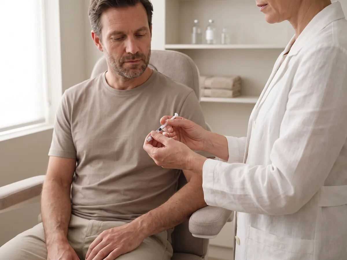 A clinician in a white coat showing a seated patient how a weekly subcutaneous injection is given, in a warm neutral consultation room