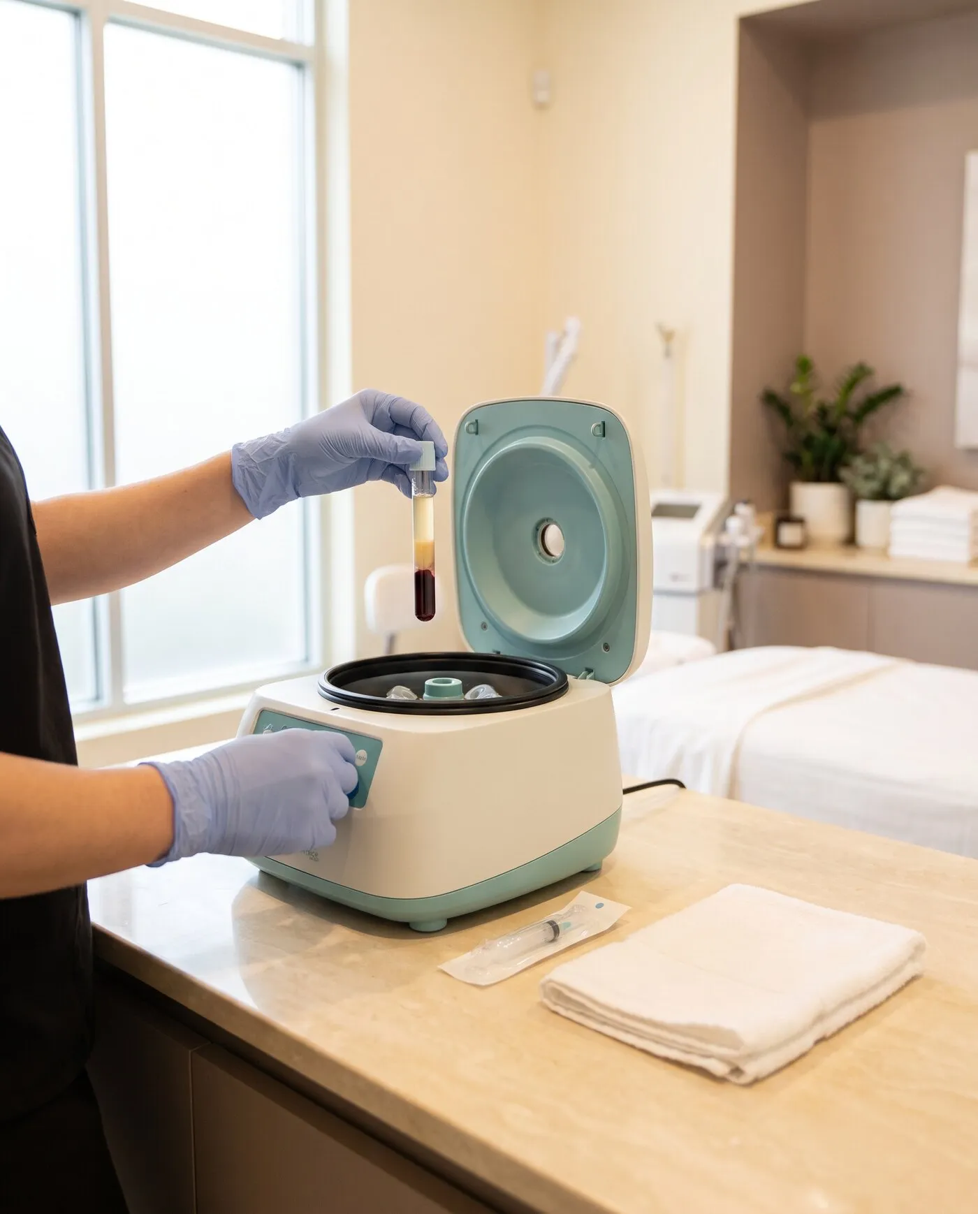 A clinician's gloved hand lifting a blood collection tube out of an open benchtop centrifuge, the contents separated into a pale gold plasma layer above a dark red layer of blood cells