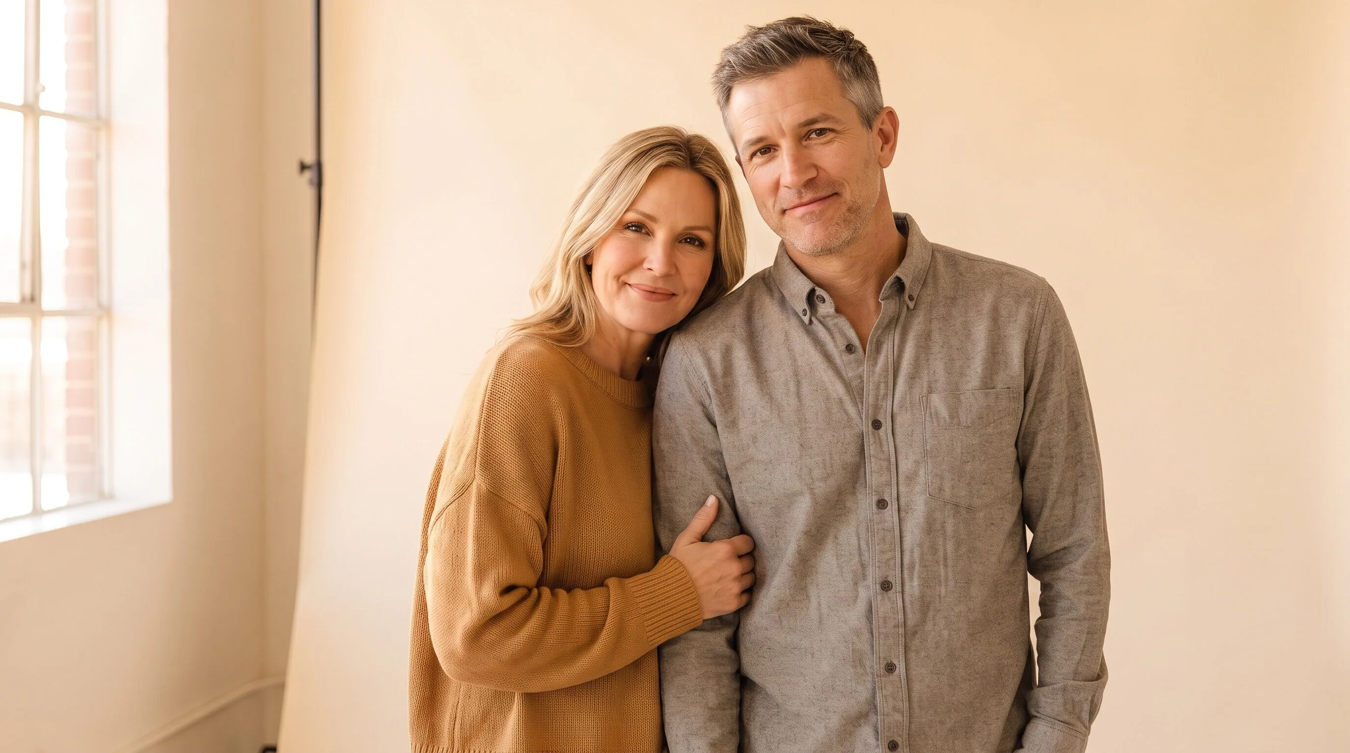 A woman and a man in their forties standing together in a softly lit cream studio, she resting her head against his shoulder