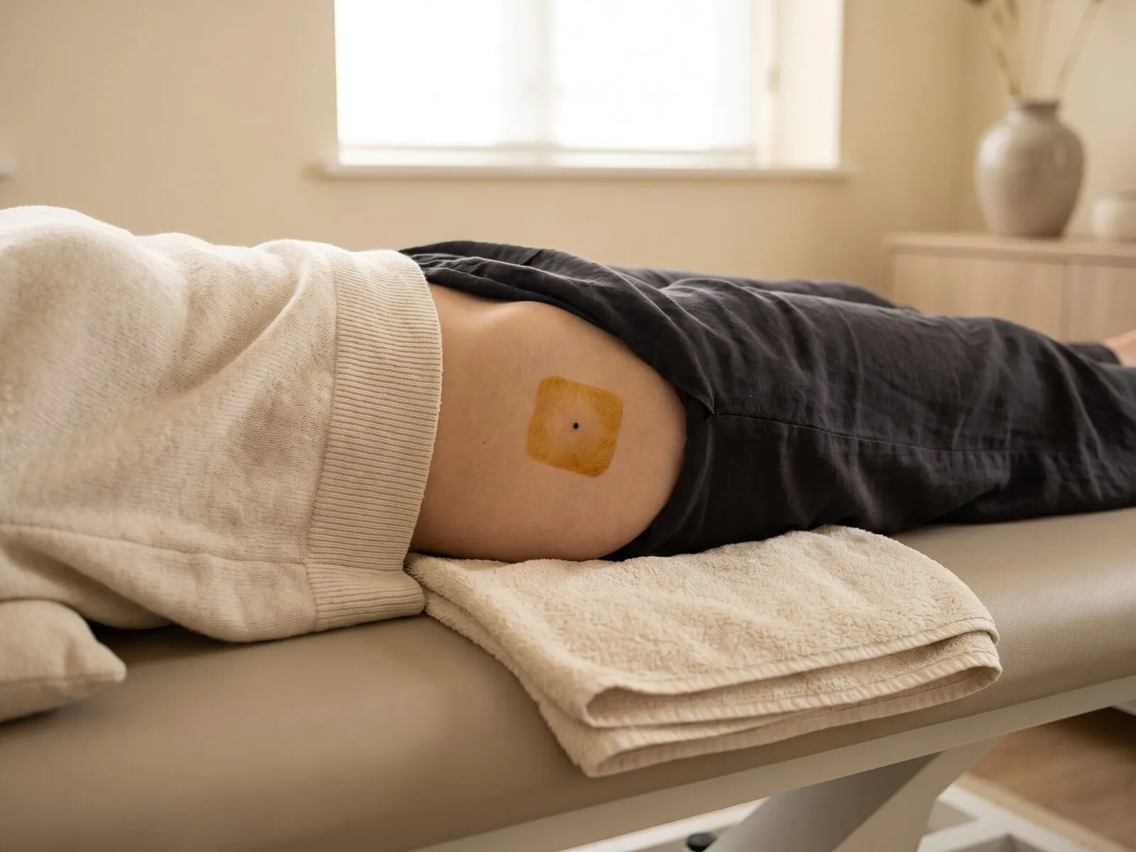 The upper outer hip of a patient lying on her side under a drape, the site cleaned and marked where a hormone pellet is placed under the skin