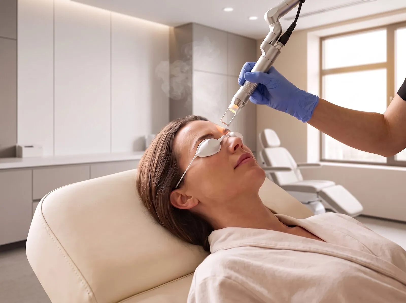 A patient having a fractional laser resurfacing pass performed on the face in a treatment room