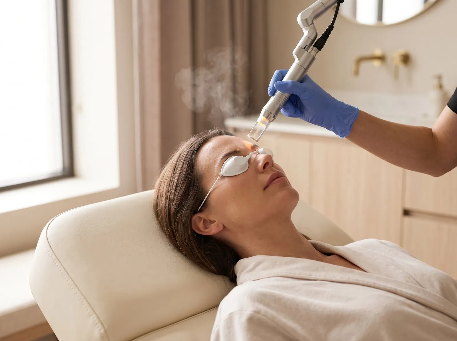 Close-up of a Fotona SP Dynamis laser resurfacing pass in progress on a patient's cheek, the handpiece held just above the skin behind protective eye shields
