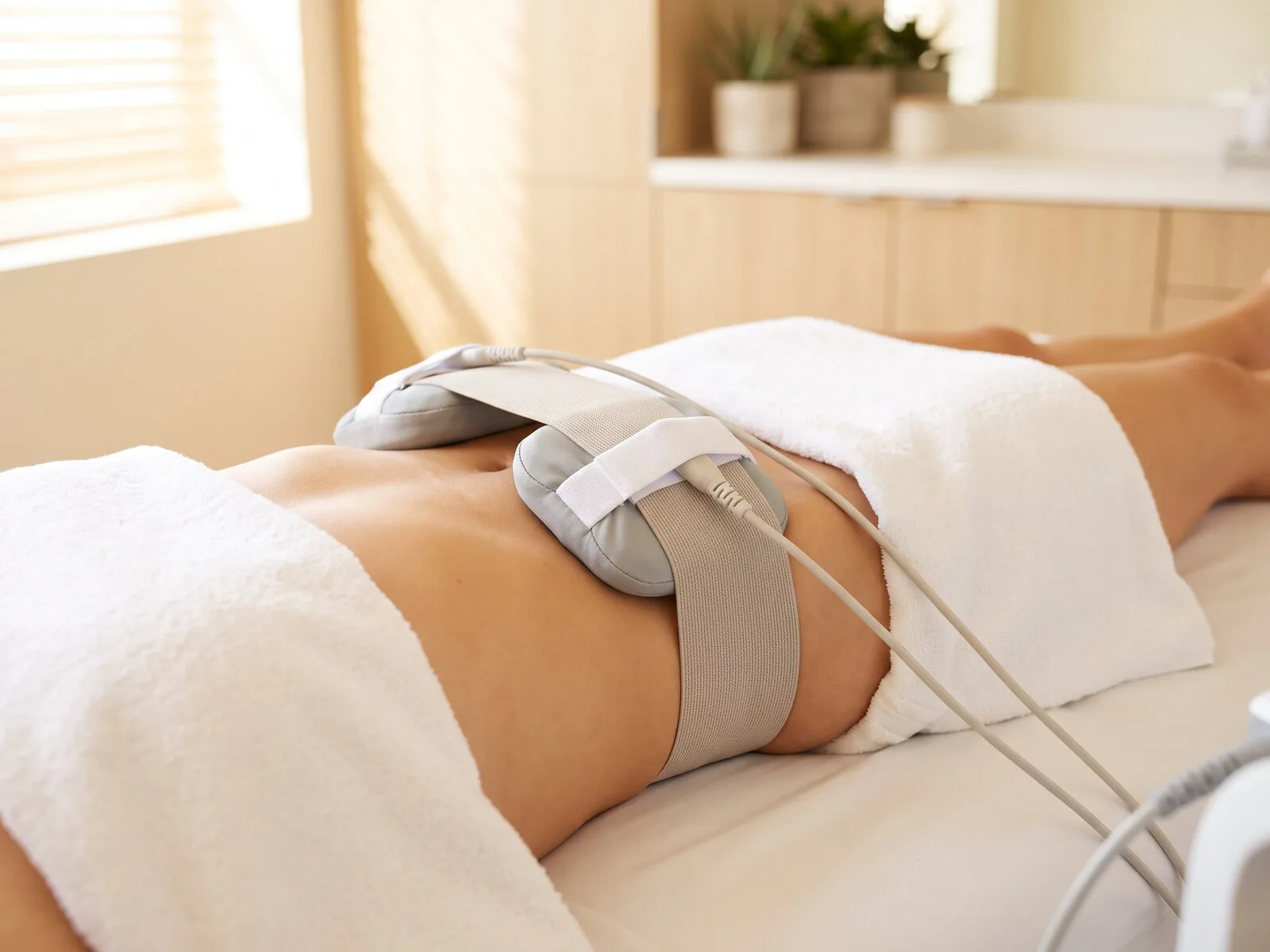 Patient receiving an MNML Tone RF and muscle-stimulation body contouring session at Medrein Health in Southlake, TX