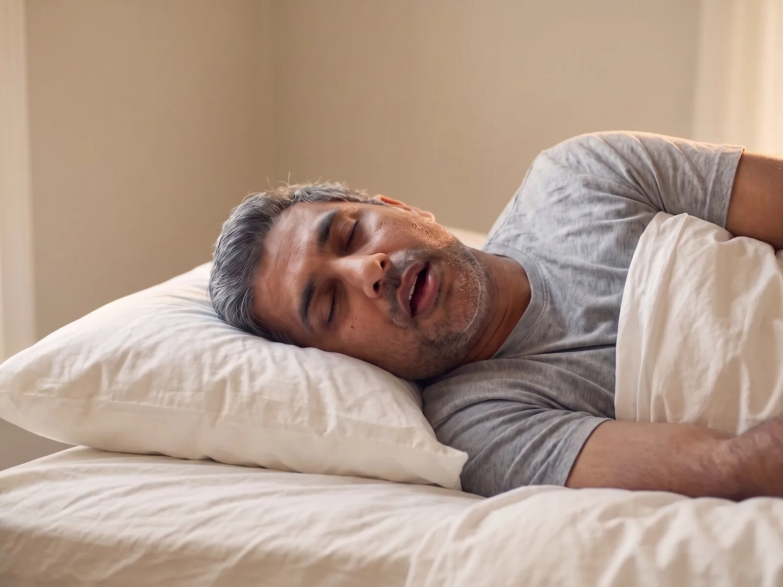 A man asleep on his side with his mouth open, the posture in which snoring happens