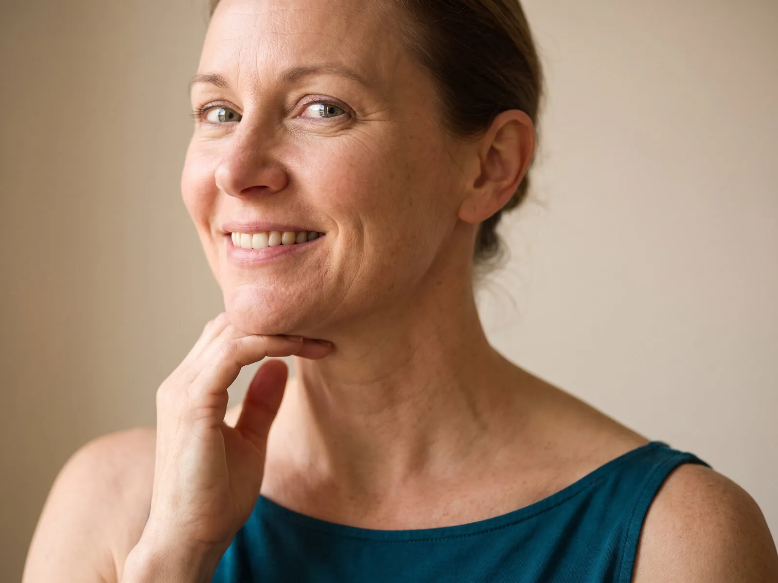 A woman in her forties with her chin lifted and her own fingertips resting along her jaw, the jawline and neck PDO threads are placed in