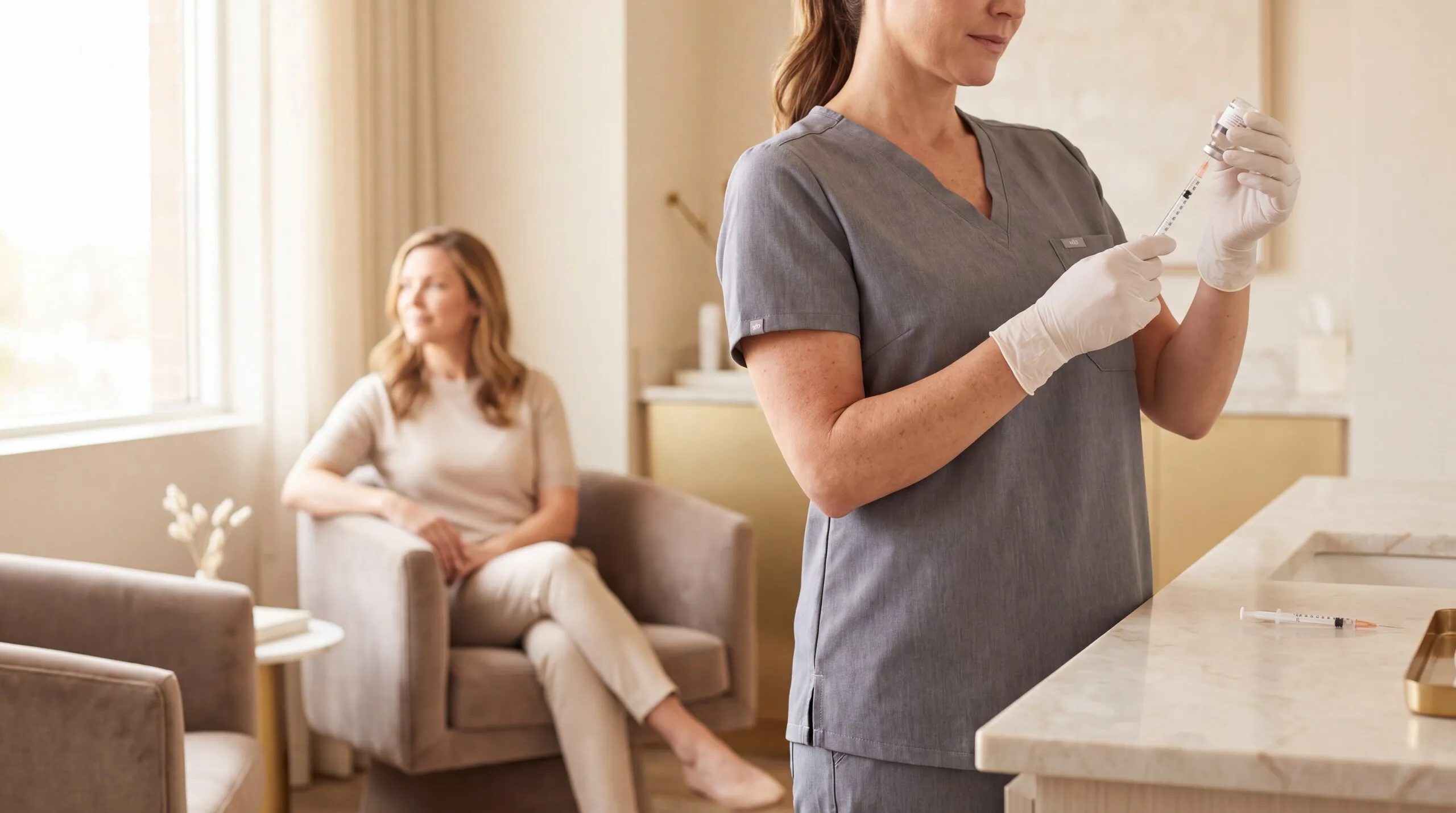A clinician in gloves drawing a peptide dose into a fine syringe from a small glass vial and checking the measure, a seated patient softly out of focus behind her