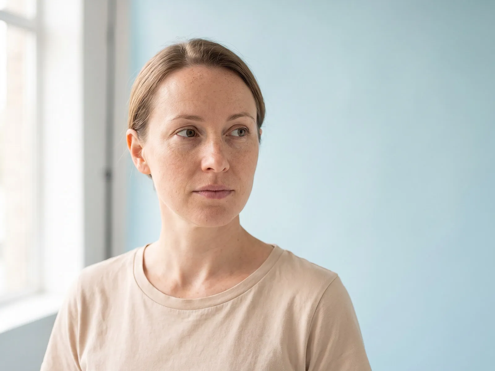 A woman in her forties photographed plainly against a dusty rose ground, representing the one-to-one consultation behind fertility support peptide care at Medrein Health