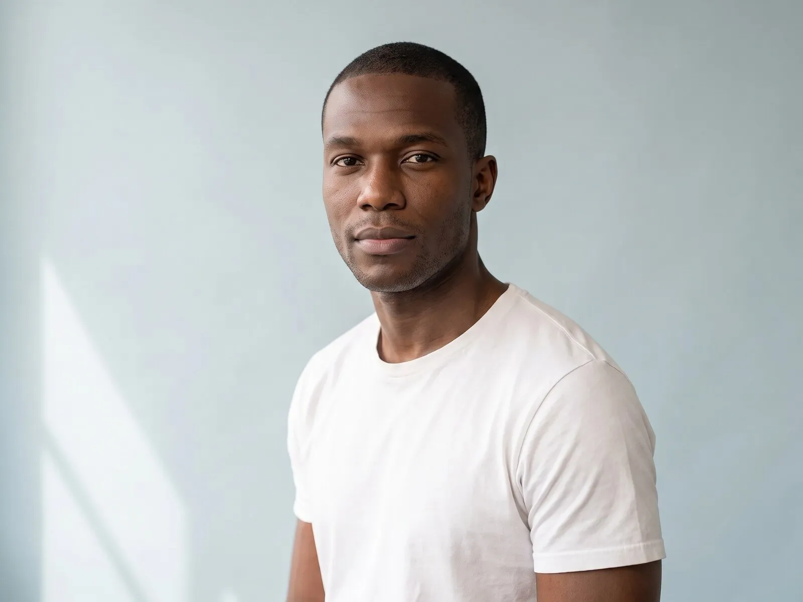 A man in his fifties seated in daylight against a pale blue wall, shoulder and upper arm in frame, the muscle GHRH peptides act on, at Medrein Health in Southlake, TX