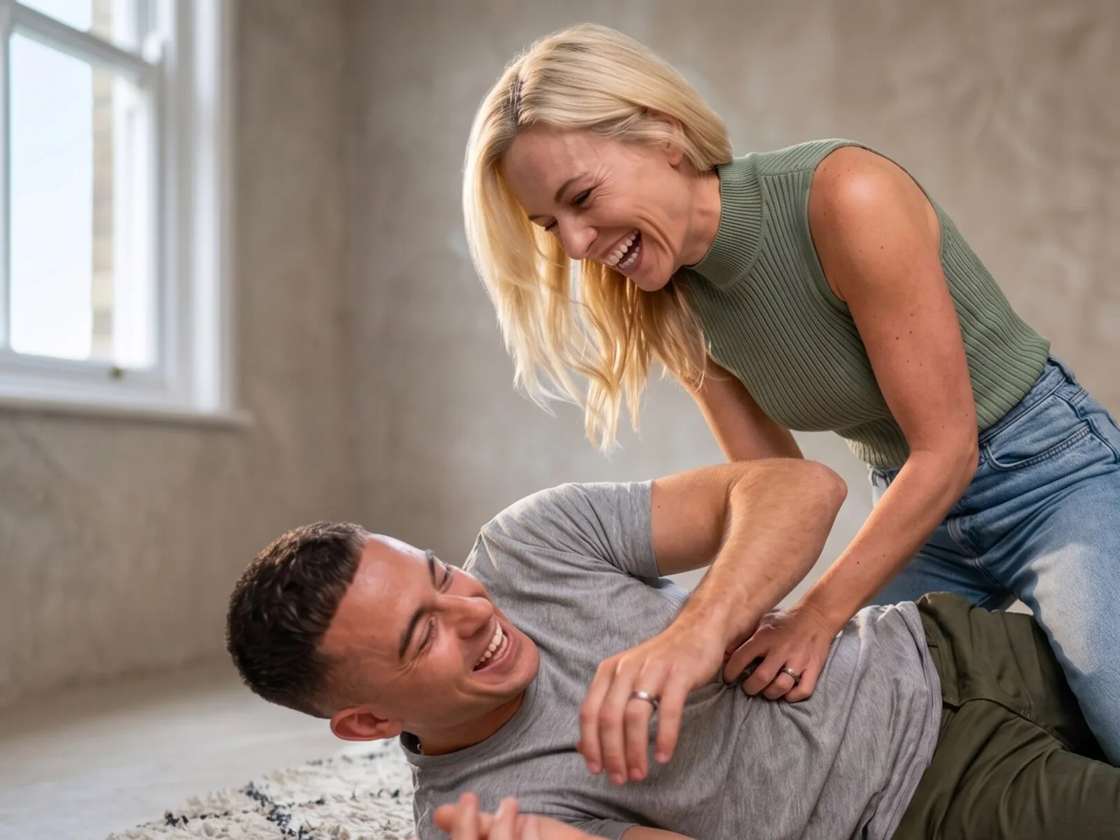 A couple laughing together on the floor of a sunlit room