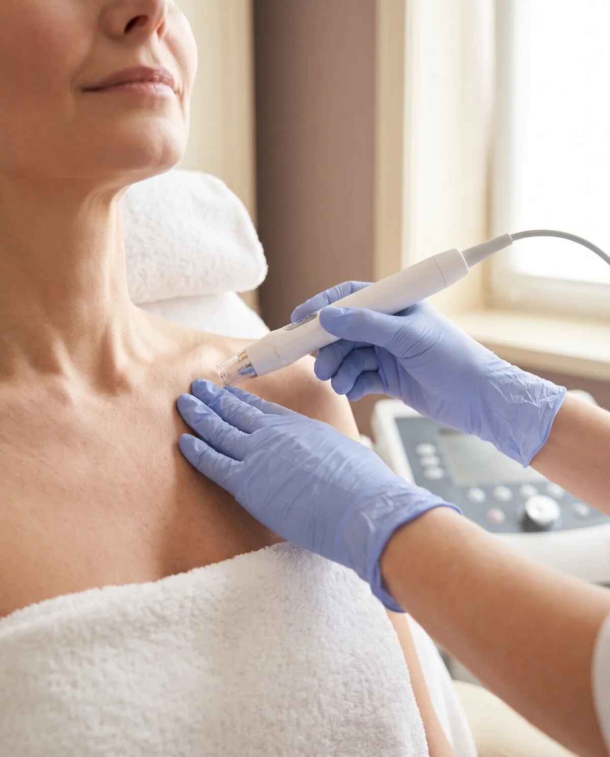A gloved clinician working a radiofrequency microneedling handpiece across a patient’s décolletage, with the treatment console behind