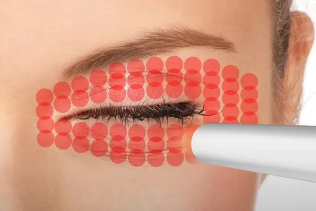 Diagram of the periocular treatment field, stippled across the upper lid, the brow and the outer corner of the eye