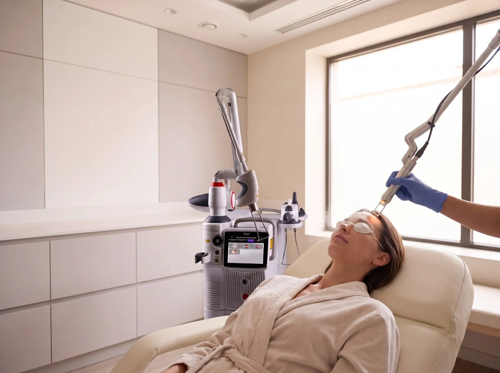 A patient under a laser treatment with the Fotona SP Dynamis Pro platform standing beside the treatment couch at the Medrein Health clinic in Southlake, TX