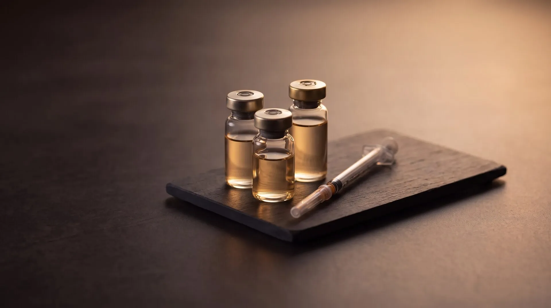 Amber compounded peptide vials and a syringe on a dark slate tray at Medrein Health in Southlake, TX